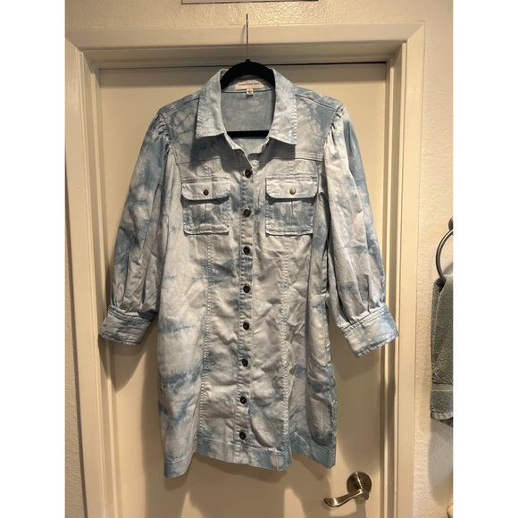 Something Navy Tie Dye Puff Sleeve Denim Dress - Picture 2 of 6